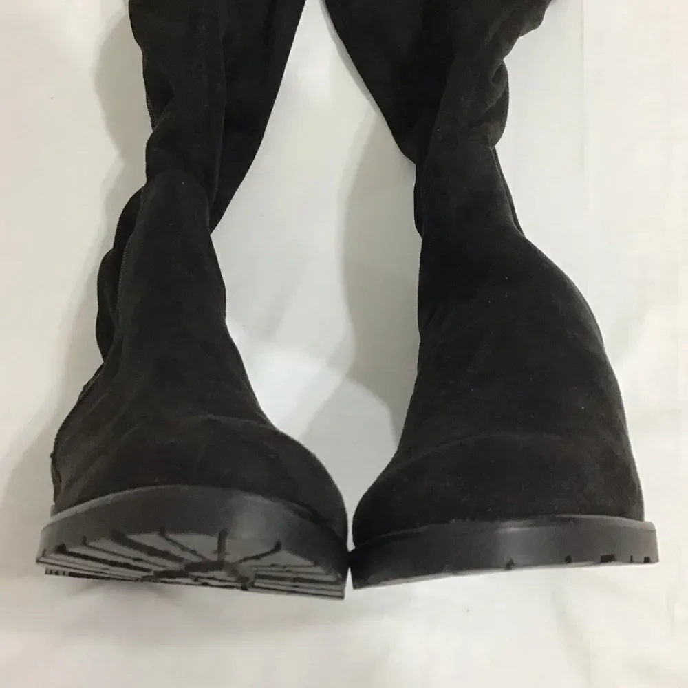 ZARA Black Faux Suede Fur Lined Low Heel Over The Knee Boot Size 40